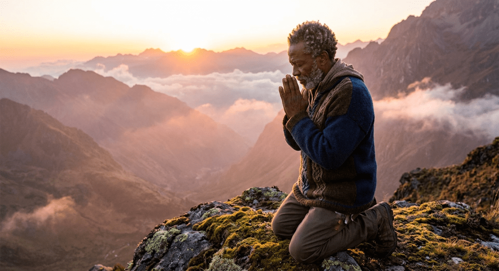 Man kneeling on mossy rock on mountain peak at sunrise with hands in prayer position